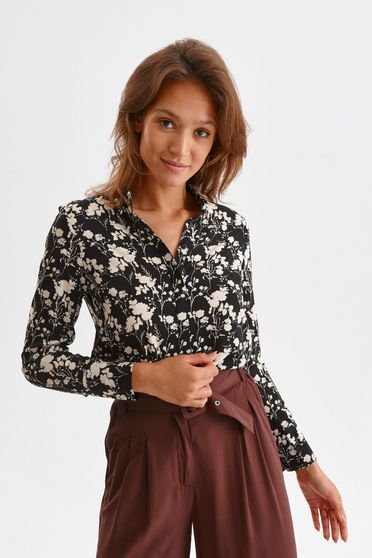 Női ingek, Fekete virágmintás georgette bő szabású női ing - StarShiner.hu