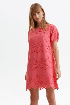 Lightred dress guipure short cut with puffed sleeves straight