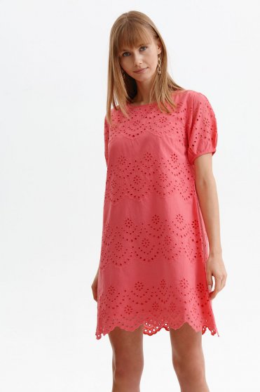 Online Dresses, Lightred dress guipure short cut with puffed sleeves straight - StarShinerS.com