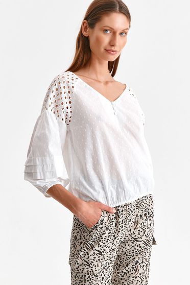Casual Blouses, White women`s blouse loose fit cotton with ruffled sleeves - StarShinerS.com