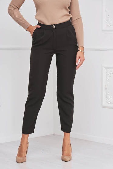Pantaloni Dama StarShinerS, Pantaloni din stofa elastica negru conici cu talie normala si buzunare laterale - StarShinerS - StarShinerS.ro