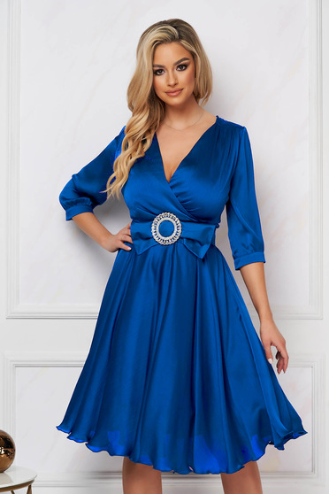 Blue Satin Midi A-Line Dress with Crossover Neckline - PrettyGirl