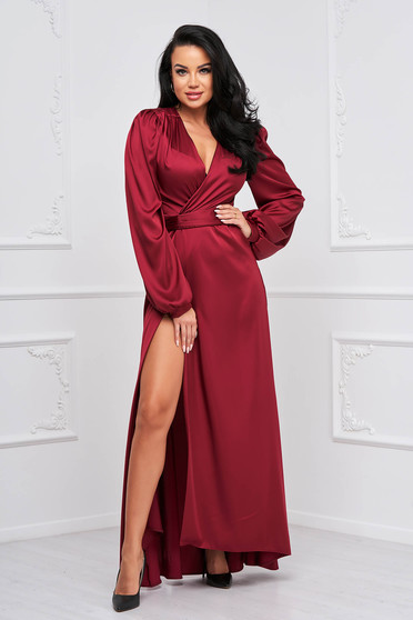 - StarShinerS burgundy dress from satin long wrap around with puffed sleeves cloche
