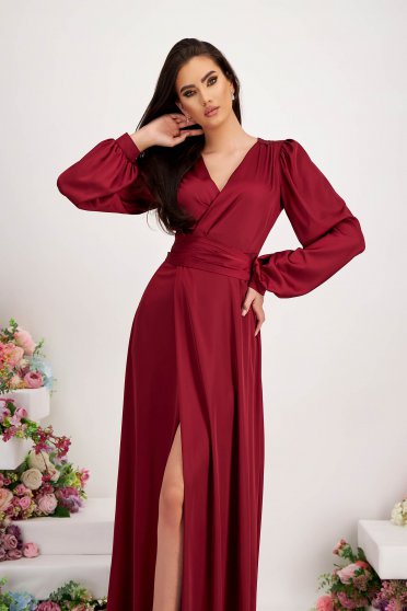 Burgundy dresses, - StarShinerS burgundy dress from satin long wrap around with puffed sleeves cloche - StarShinerS.com