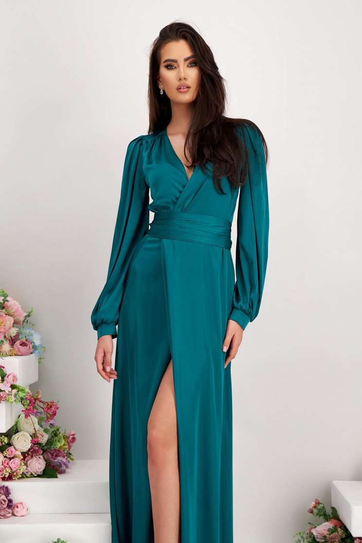 Rochie de ocazie din satin verde petrol lunga petrecuta in clos cu maneci bufante - StarShinerS