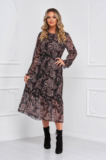 Dress from veil fabric midi loose fit accessorized with belt