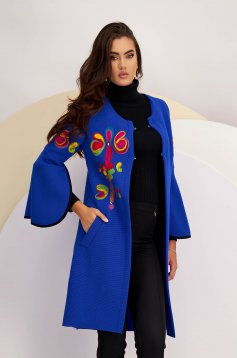 Blue cardigan knitted with bell sleeve cotton