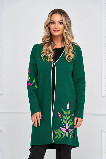 Cardigane dama, Cardigan din tricot verde cu inchidere in fata si motive florale - Lady Pandora - StarShinerS.ro