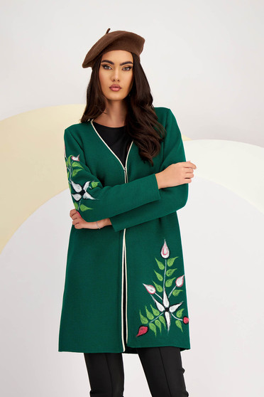 Cardigan din tricot verde cu inchidere in fata si motive florale - Lady Pandora