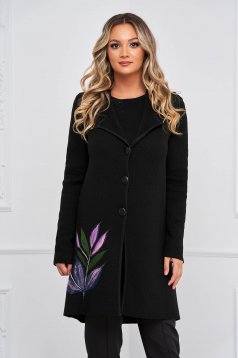 Cardigan tricotat negru cu umerii buretati si motive florale - Lady Pandora