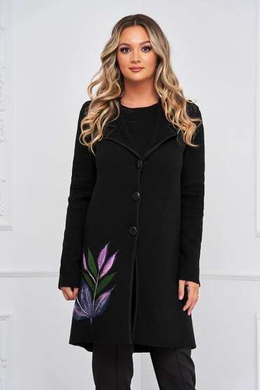 Paltoane & Geci, Cardigan tricotat negru cu umerii buretati si motive florale - Lady Pandora - StarShinerS.ro