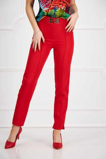 Pantaloni eleganti dama, Pantaloni din stofa usor elastica rosii conici cu talie inalta accesorizati cu o catarama - StarShinerS - StarShinerS.ro