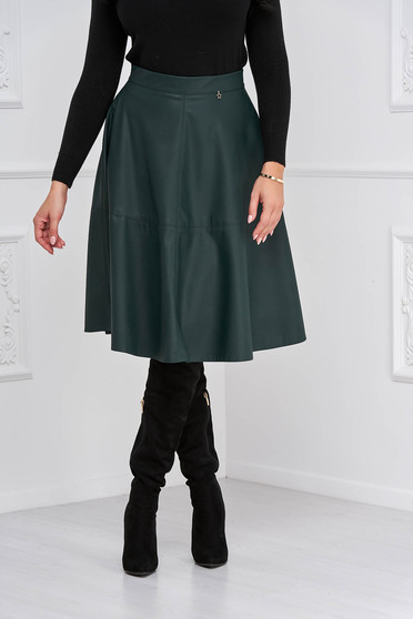 Darkgreen cloche skirt from ecological leather midi - StarShinerS