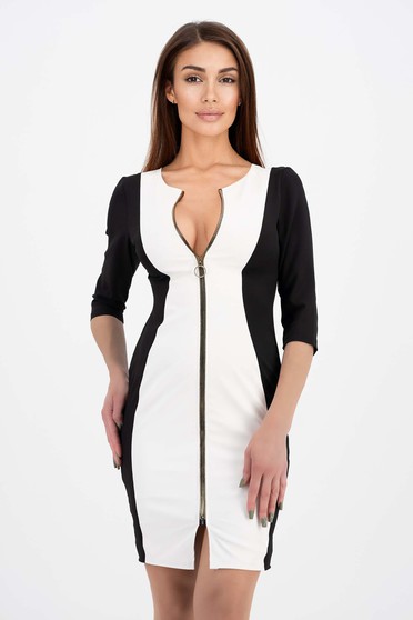 Pencil dresses, Eco-leather dress in the front white with black pencil type - StarShinerS - StarShinerS.com