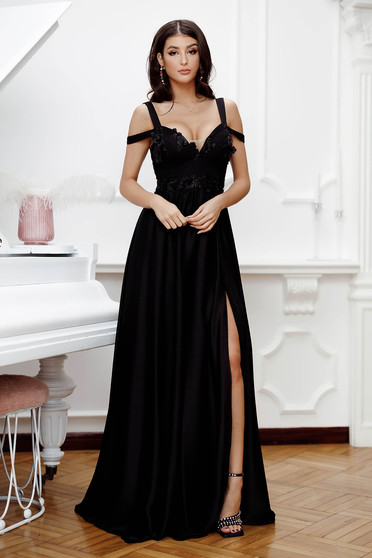 Hosszú ruhák, Fekete hosszú alkalmi harang taft ruha 3d virágos díszítéssel - StarShiner.hu