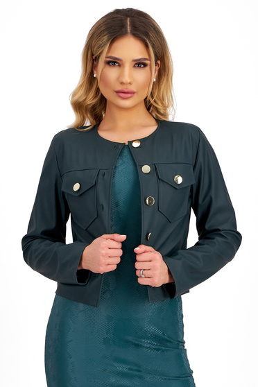 Green Fitted Faux Leather Jacket with Metallic Buttons - SunShine