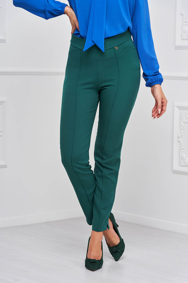 Pantaloni Dama lungi, Pantaloni din stofa elastica verde inchis lungi conici cu talie inalta - StarShinerS - StarShinerS.ro