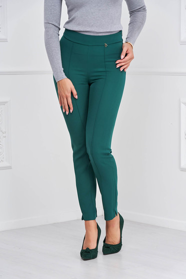 Pantaloni office, Pantaloni din stofa elastica verde inchis lungi conici cu talie inalta - StarShinerS - StarShinerS.ro