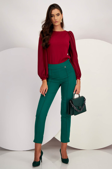 Pantaloni eleganti dama, Pantaloni din stofa usor elastica verde-inchis conici cu talie inalta - StarShinerS - StarShinerS.ro