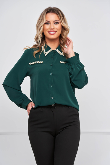 Elegant Blouses, Green women`s blouse light material loose fit with pearls - StarShinerS.com
