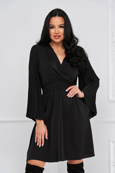 Online Dresses, Black dress georgette cloche with elastic waist large sleeves pleated - StarShinerS.com