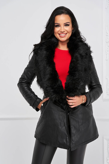 sales-jackets, Black jacket from ecological leather tented with faux fur lining fur collar - StarShinerS.com