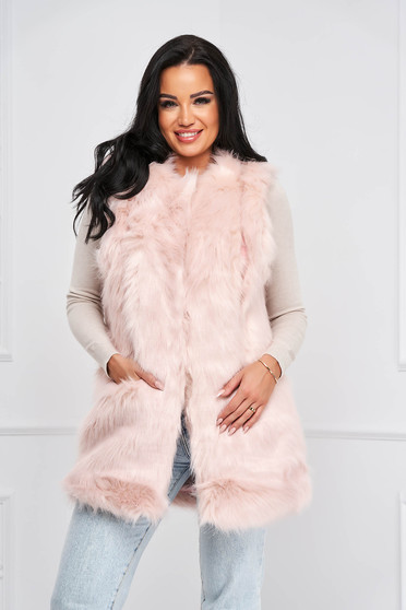 Ecological fur vests, Pink gilet from ecological fur front closing with faux leather details - StarShinerS.com