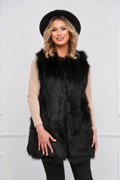 Black gilet from ecological fur front closing with faux leather details