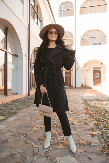 Paltoane dama online, marimea XL, Palton din stofa negru cu croi larg captusit pe interior - SunShine - StarShinerS.ro
