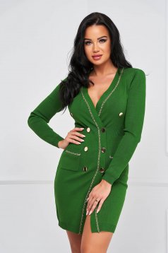Green dress knitted midi pencil with padded shoulders with pockets