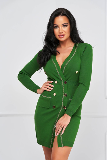 Online Dresses, Green dress knitted midi pencil with padded shoulders with pockets - StarShinerS.com
