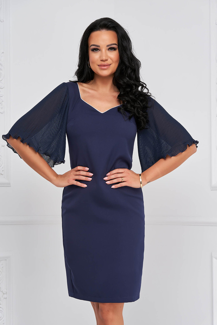 Rochie din stofa din stofa elastica bleumarin midi tip creion cu maneci din voal plisat - StarShinerS