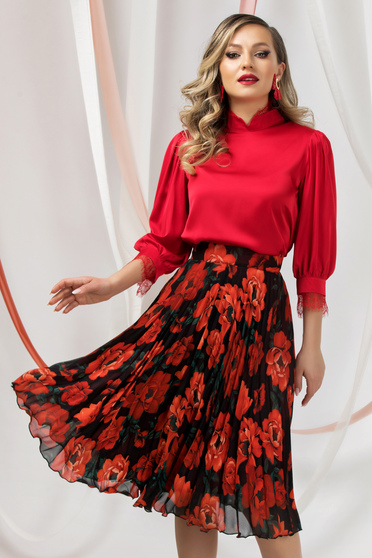 Elegant Blouses, Red women`s blouse from satin loose fit with lace details - StarShinerS.com