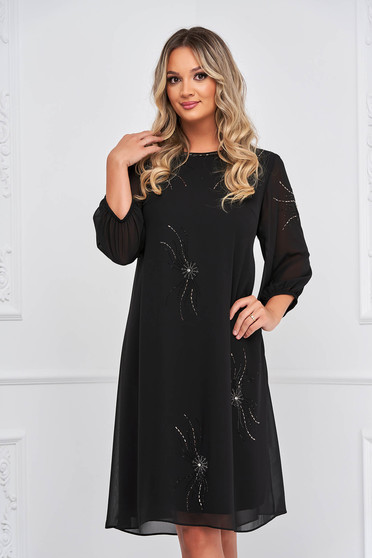 Black dress from veil fabric loose fit strass midi
