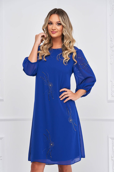 Blue dress from veil fabric loose fit strass midi