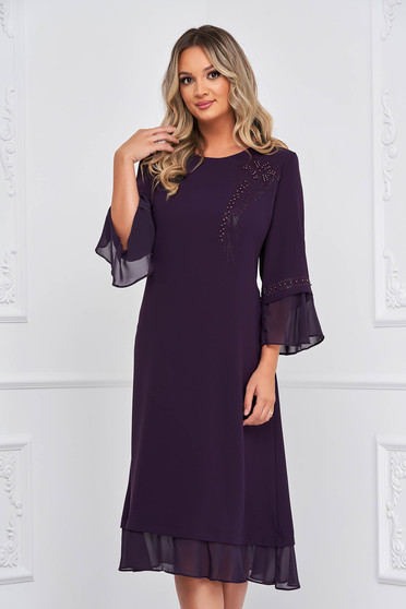 Purple dress from veil fabric midi a-line with ruffled sleeves