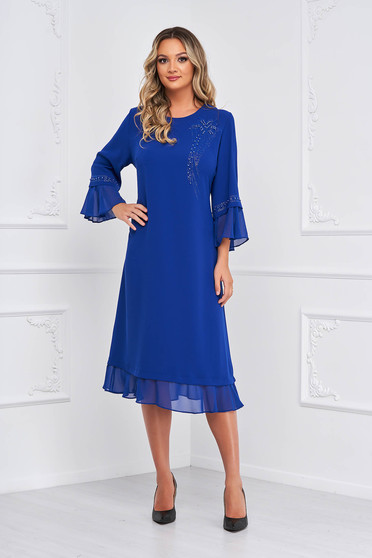 Blue dress from veil fabric midi a-line with ruffled sleeves