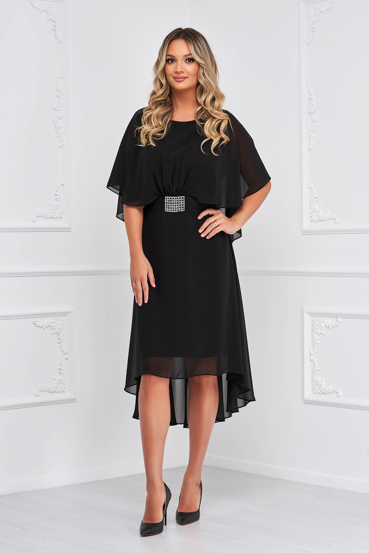 Rochie din voal din voal neagra midi asimetrica in clos cu maneci tip fluture