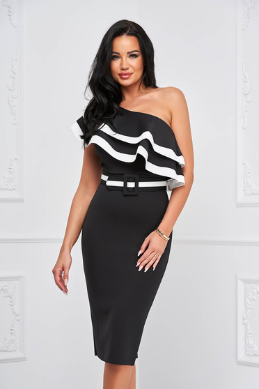 Online Dresses, Black dress pencil one shoulder with ruffle details - StarShinerS.com