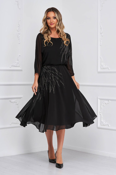 Black dress from veil fabric cloche with elastic waist midi with crystal embellished details