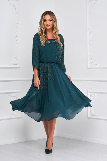 Green dress from veil fabric cloche with elastic waist midi with crystal embellished details