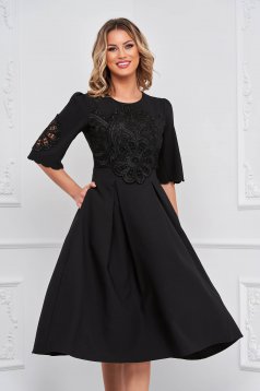 Black dress elastic cloth midi cloche with embroidery details with crystal embellished details