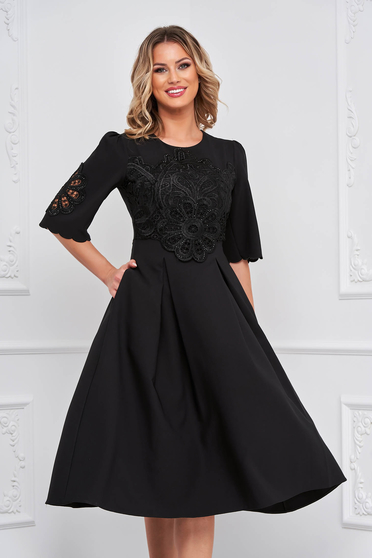 Embroidered Dresses, Black dress elastic cloth midi cloche with embroidery details with crystal embellished details - StarShinerS.com