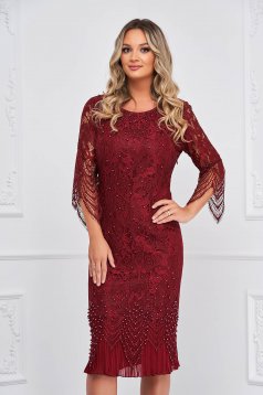 Burgundy dress midi straight laced with pearls