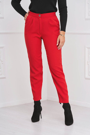 Pantaloni Dama mov drepti, Pantaloni din stofa elastica rosii conici cu talie normala si buzunare laterale - StarShinerS - StarShinerS.ro