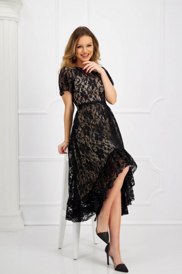 Online Dresses, Black dress midi asymmetrical cloche laced with butterfly sleeves - StarShinerS - StarShinerS.com
