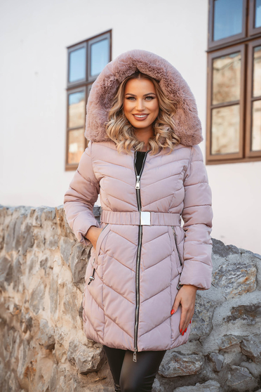 Lightpink jacket from slicker midi detachable hood with faux fur accessory