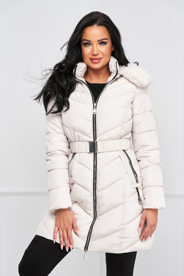 Coats & Jackets, Cream jacket from slicker midi detachable hood with faux fur accessory - StarShinerS.com