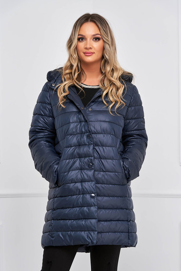 Coats & Jackets, Darkblue jacket midi from slicker with turtle neck with faux fur details - StarShinerS.com