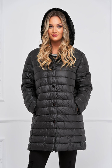 Jackets, Black jacket midi from slicker with turtle neck with faux fur details - StarShinerS.com